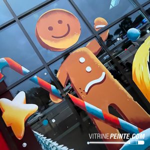 NOËL,SHREK PETIT PAIN D'ÉPICE géant format XXL, vitrine commerçant, dessin peinture sur vitre, vitrine peinte, art color vitrine, idée décoration saison hiver, 