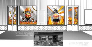 Conception de campagne CHR sur mesure pour le lancement d'un produit Duvel, décoration de vitrine peinte à la main