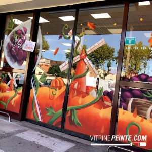 décoration peinture vitrine Foire aux Vins sur porte automatique de magasin