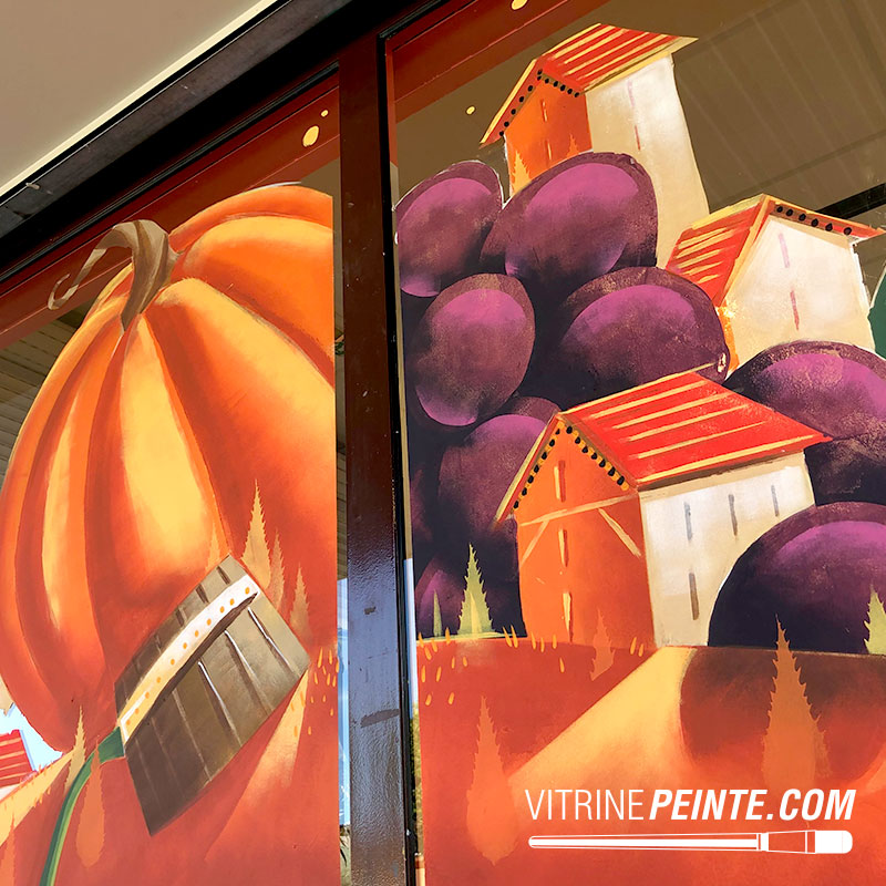décoration saison automne Halloween & peinture vitrine magasin moderne avec paysage surréaliste citrouille raisin tonneau et maison