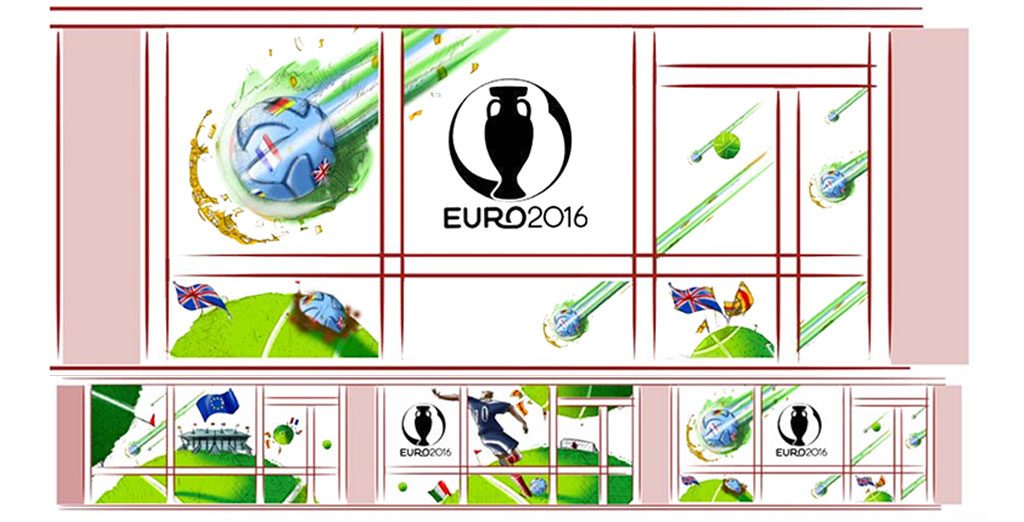scénographie idée déco Football Euro2024 pour vitrine de magasin, peinture sur vitre décoration jeux olympique 