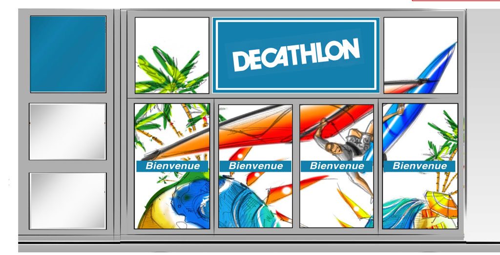 Décoration Décathlon, peinture sur vitrine magasin, idée déco sport, jeux olympiques 2024, voile de Marseille, à Toulon, à Nice