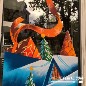 Sapin de Noël artistique en peinture sur vitrine pour magasin, décoration des fêtes