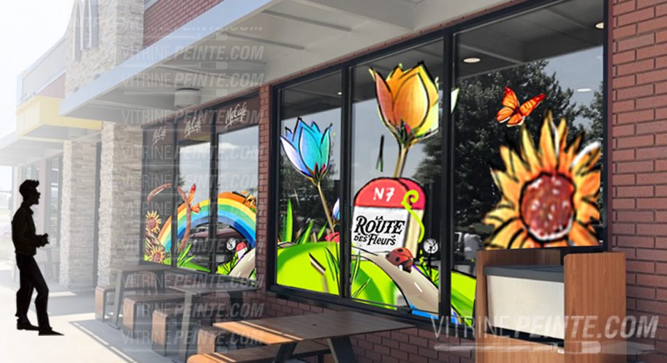 Vitrine de saison theme printemps pour le restaurant McDonald's