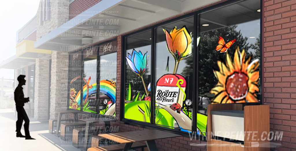 printemps Déco vitrine McDonalds restaurant avec des fleur géante pour pâque par exemple