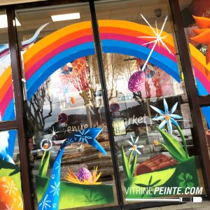 Pâques.delco.printemps.fleurs.géant.carrefourdevanture.chocolat.peinture.décoration.vitrines.magasin.portes.automatiques