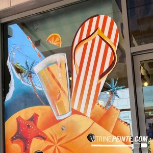 idée décoration saison estivale été spéciale vitrine magasin, dessin sur vitre