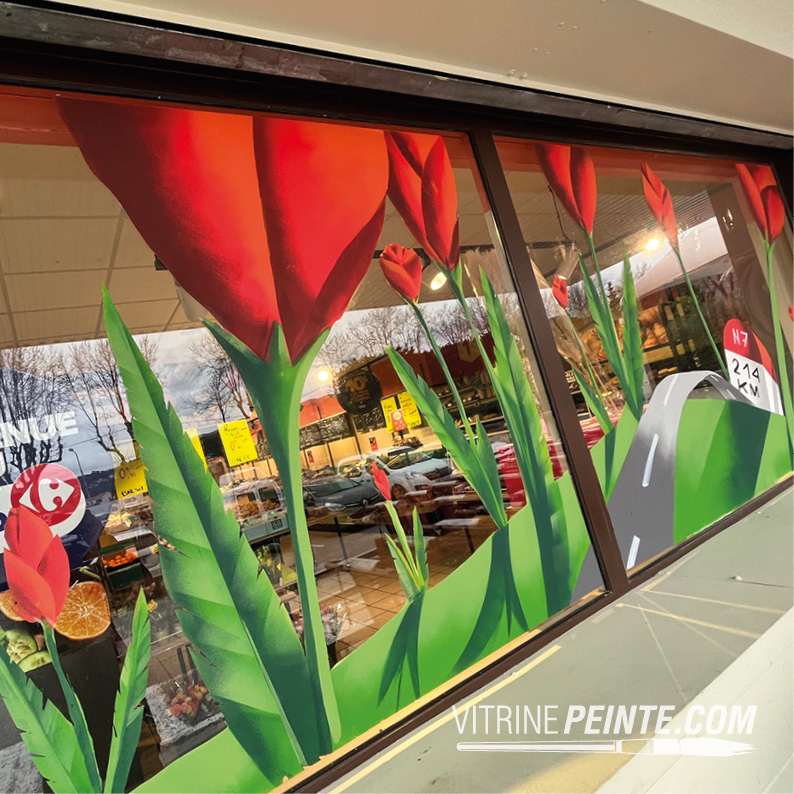 Décoration de vitrine printemps originale : créations peintes, univers printaniers et croquis artistiques pour des vitrines uniques.