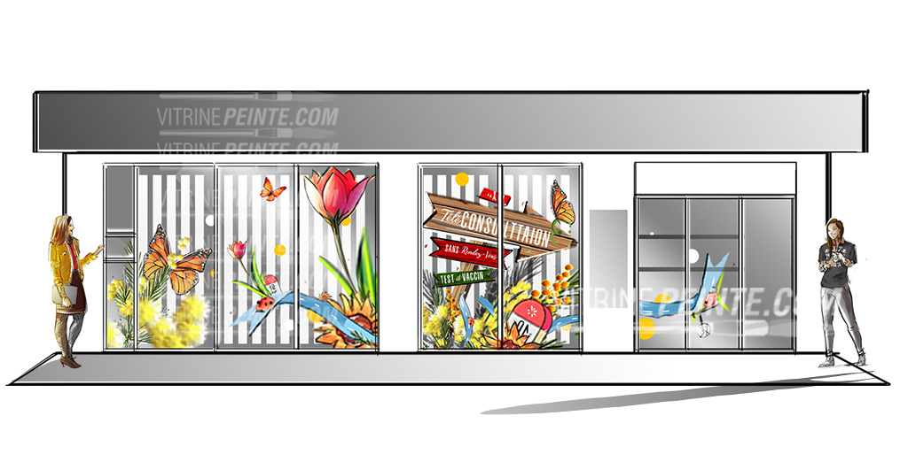 Boostez votre téléconsultation avec nos vitrophanies pharmacie : visuels de saison, peinture sur vitre écologique, impact immédiat en vitrine.