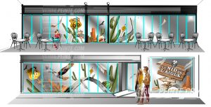 Panneau geant Route-66, Cactus géant, ambiance déco thÚme biker, motard, univers de la moto motard avec une décoration spécial terrasse de restaurant