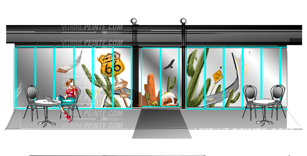 idée Deco vitrine terrasse bar restaurant theme panneaux vintage Route-66, ouest-américain cactus géant ambiance biker, motard le rebelle
