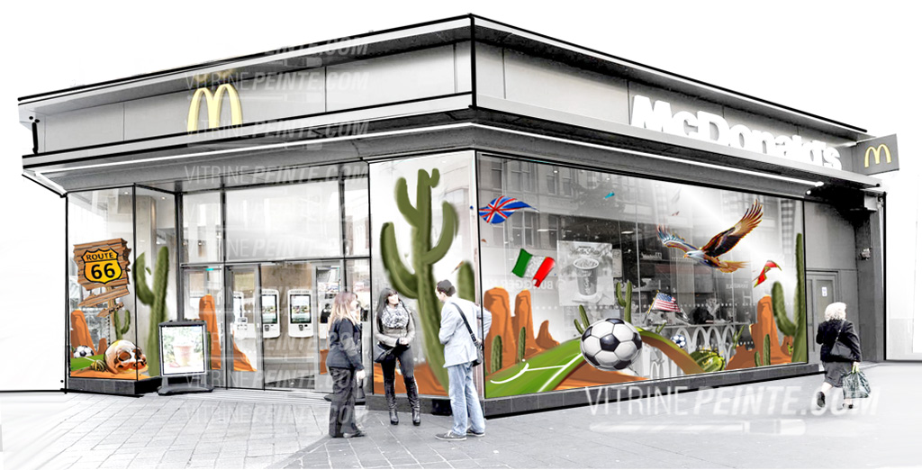 DĂ©coration vitrine XXL ambiance football et Route 66 pour restaurant McDonaldâs, spĂ©ciale Coupe du Monde 2026 USA, Mexique, Canada.