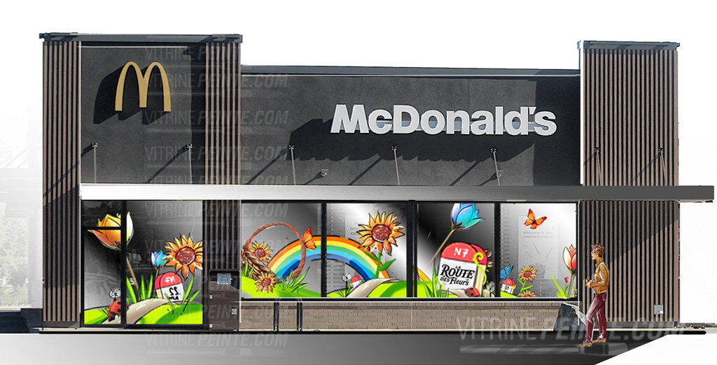 DĂ©coration vitrine restaurant McDonaldâs avec des fleurs geantes format XXL ambiance thĂšme printemps 2026