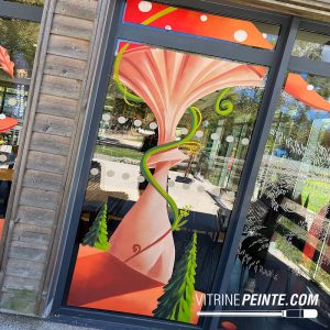 peinture sur vitrine de magasin avec des champignons géants au format XXL
